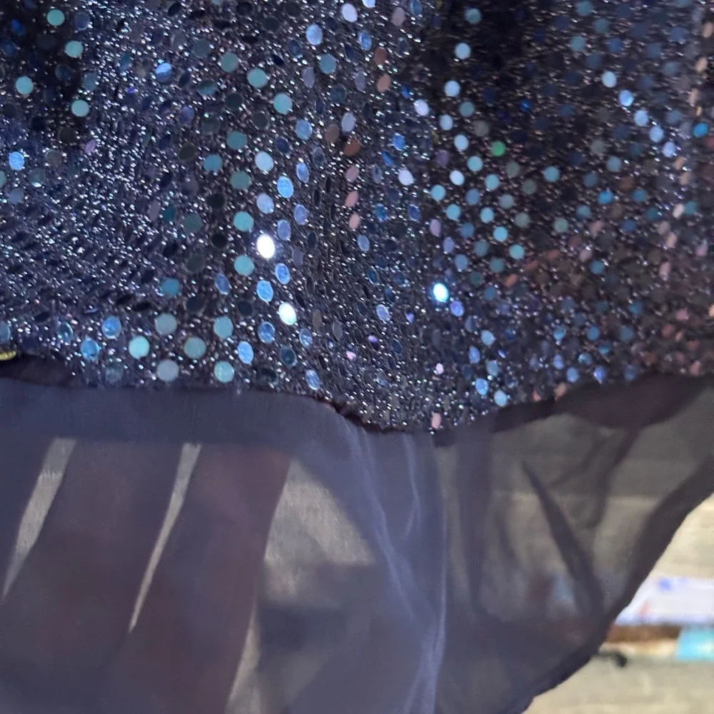 579 Navy Sequin A-Line Party Dress with Chiffon Layer